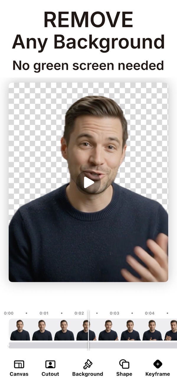 Magic Video Background Eraser screenshot: the subject cut out of the video onto a transparent canvas