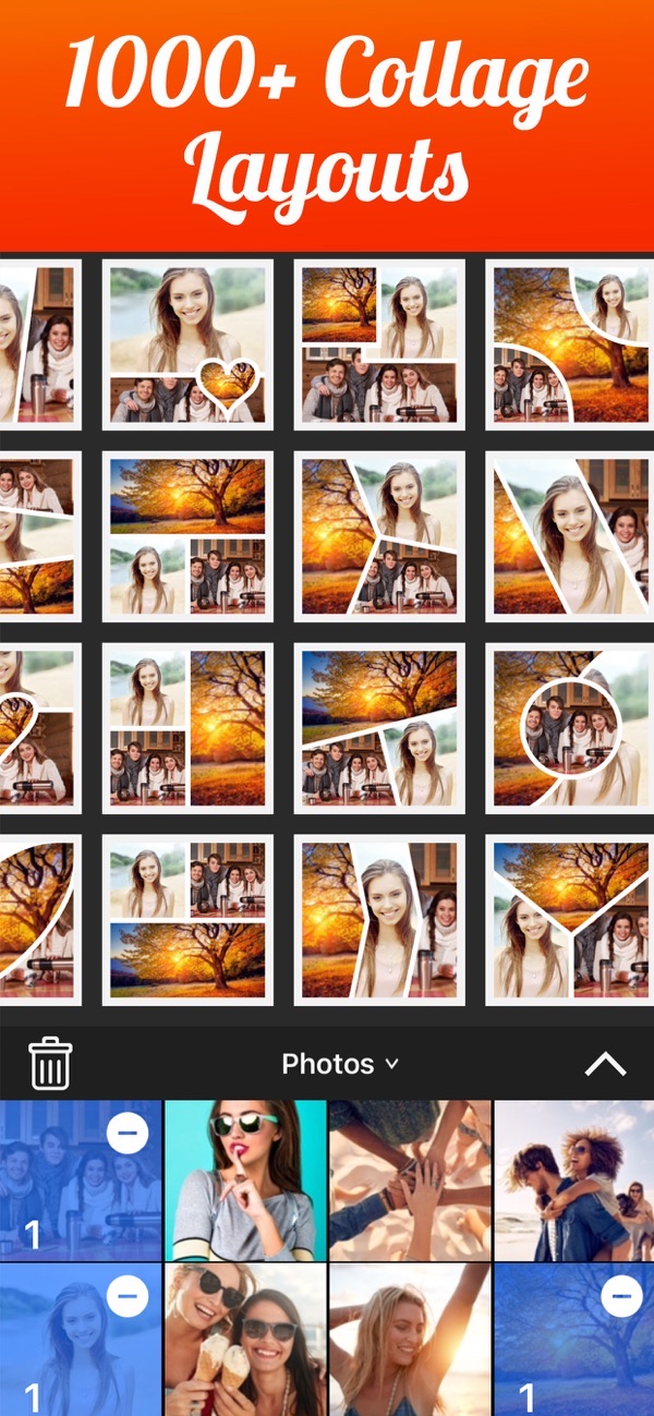 Photo Collage Maker screenshot: choosing from over 1000 collage layouts