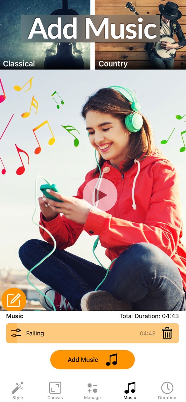Slideshow Maker screenshot: adding a music track